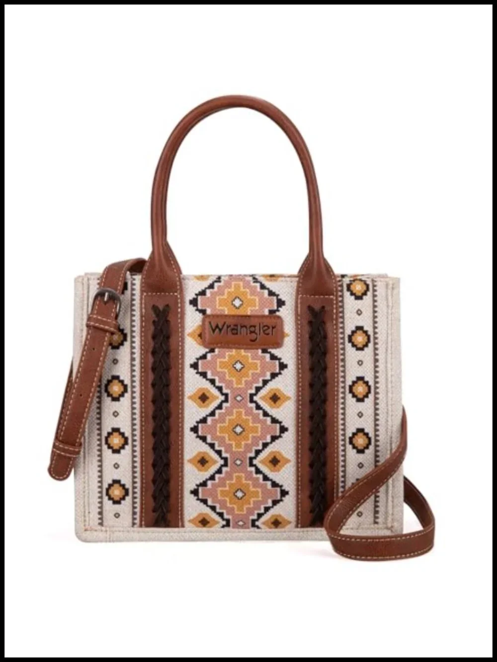 Western Aztec Print Tote Bag with Detachable Crossbody Strap Cotton Canvas